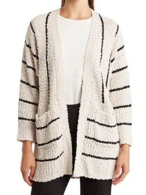 bobeau Cream and Black Striped Open-Front Cardigan